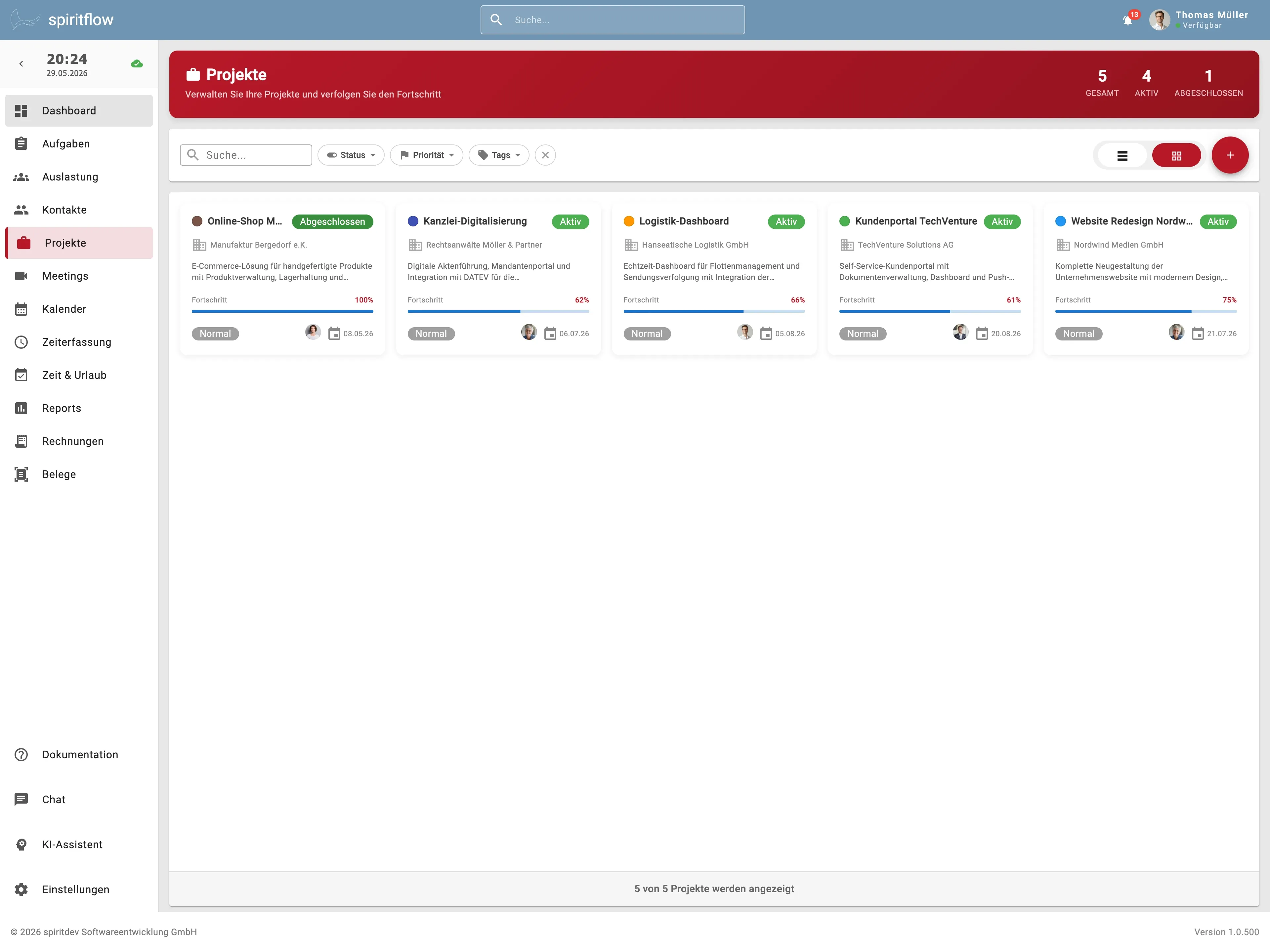 Projektübersicht in spiritflow mit Fortschrittsanzeige und Budgetstatus