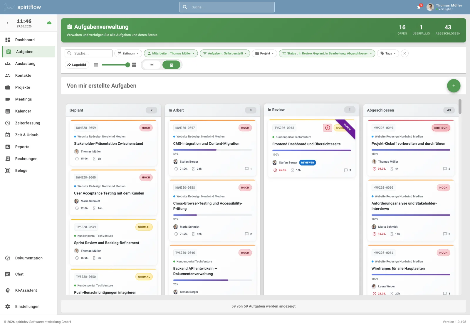 spiritflow Aufgaben, Kanban-Board mit flexiblen Status-Spalten