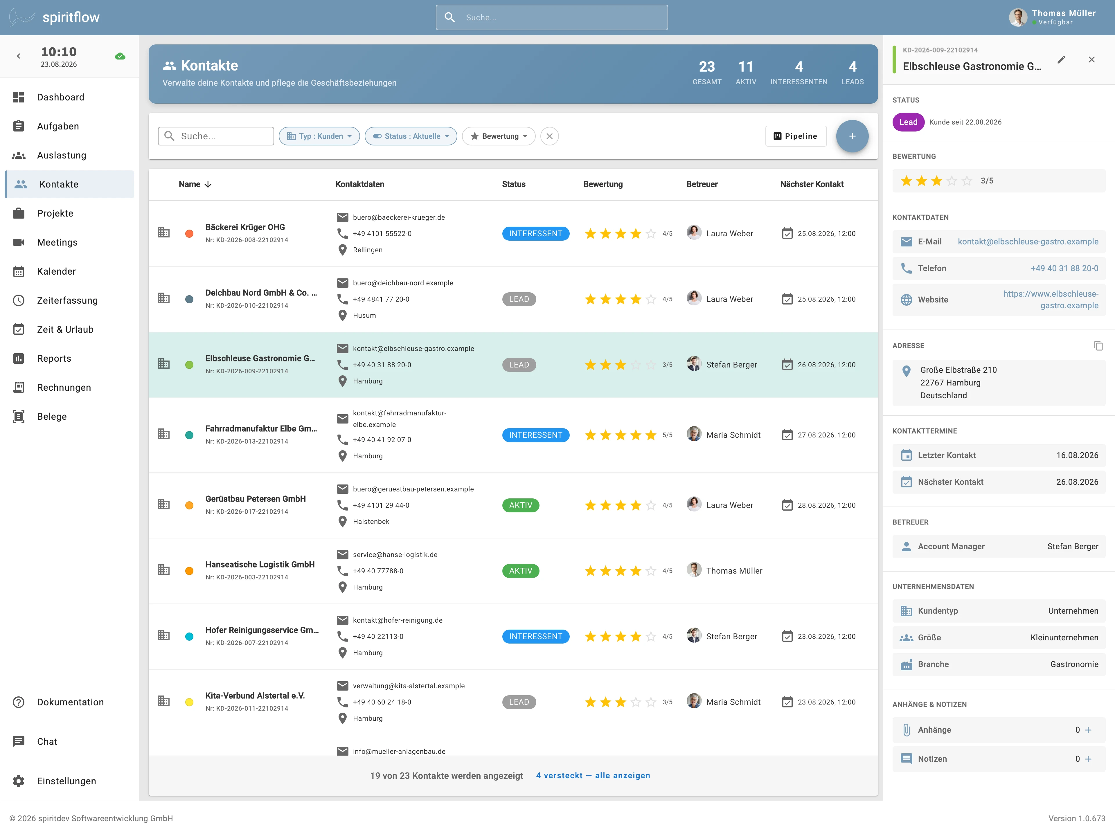 spiritflow CRM. Kontaktliste mit geöffnetem Kontakt-Panel: Status, Bewertung, Ansprechpartner