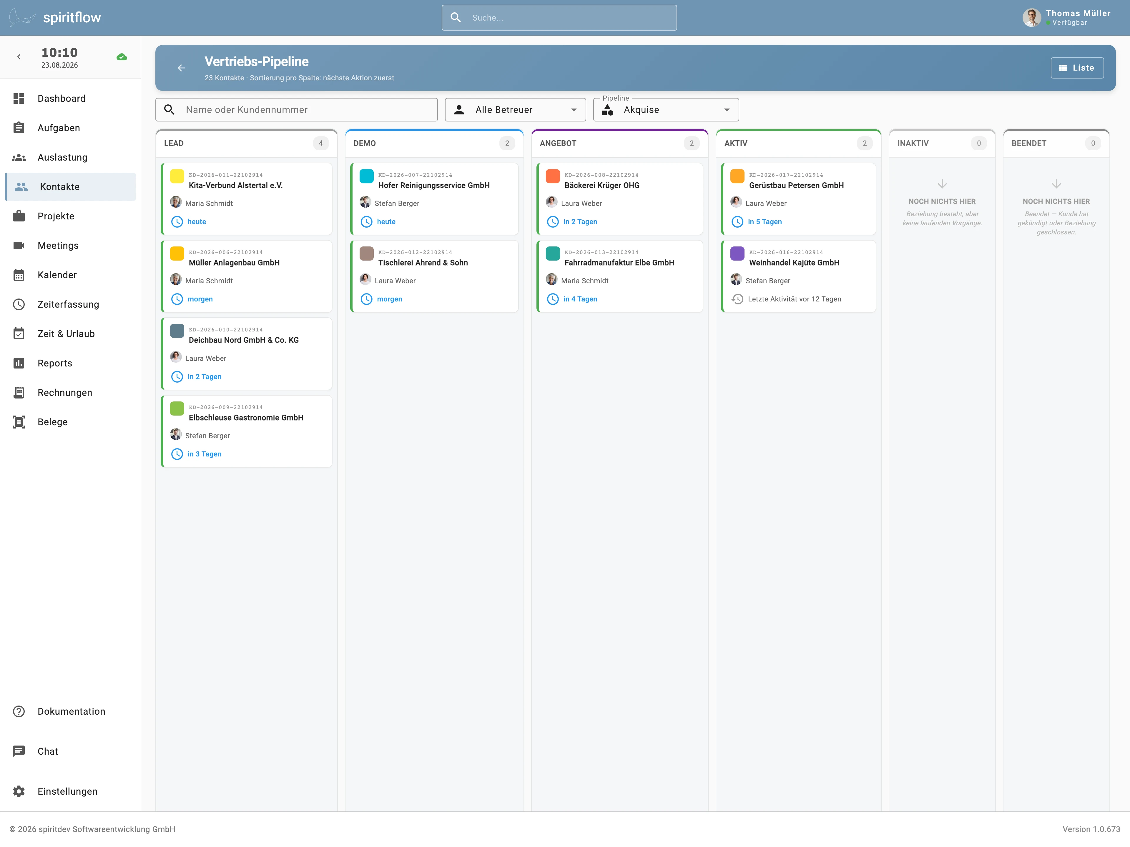 spiritflow CRM. Vertriebs-Pipeline mit Kanban-Ansicht nach Lead, Demo, Angebot und Aktiv