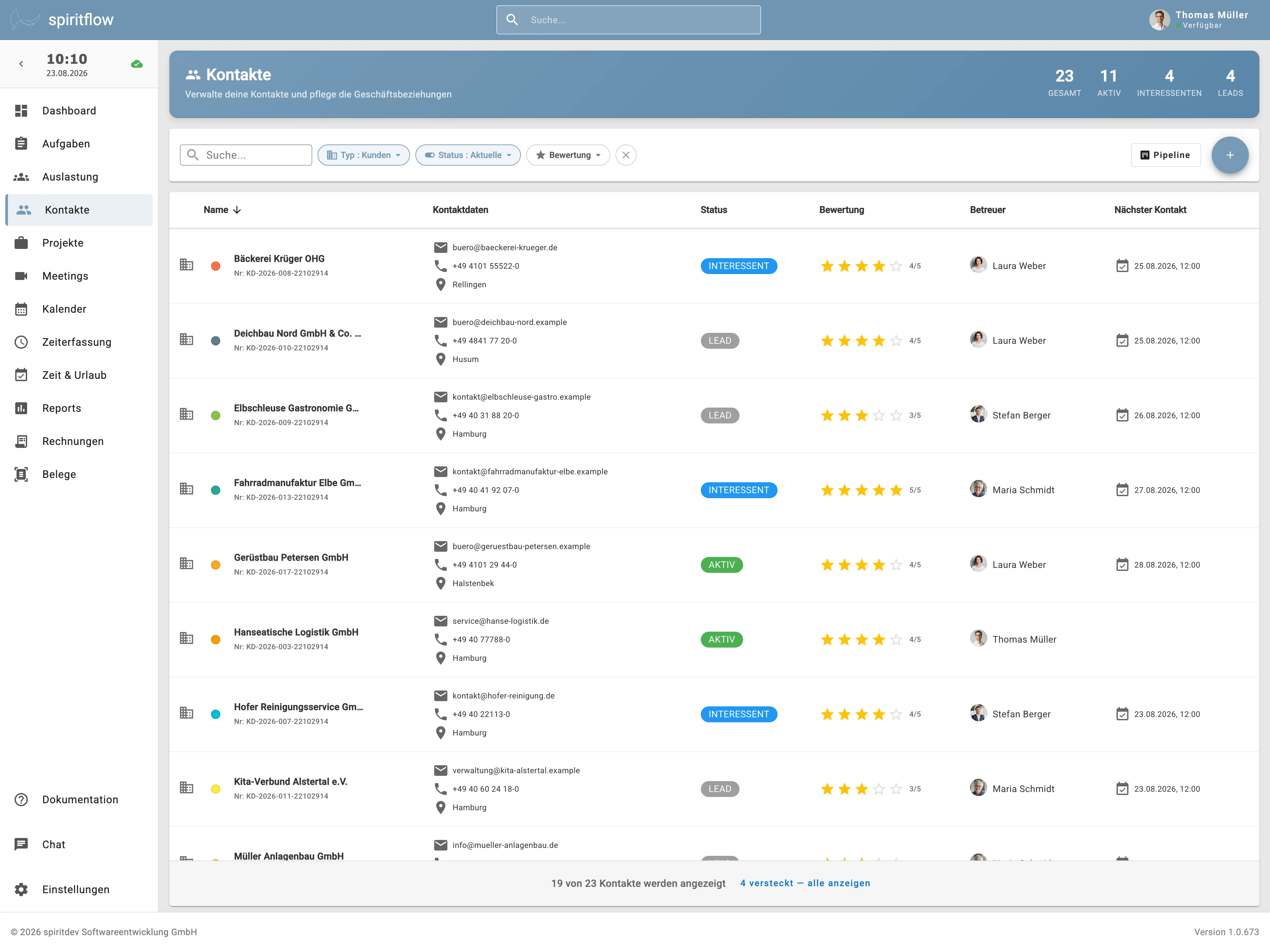 spiritflow CRM. Kontaktliste mit Status, Bewertung und Schnellzugriff