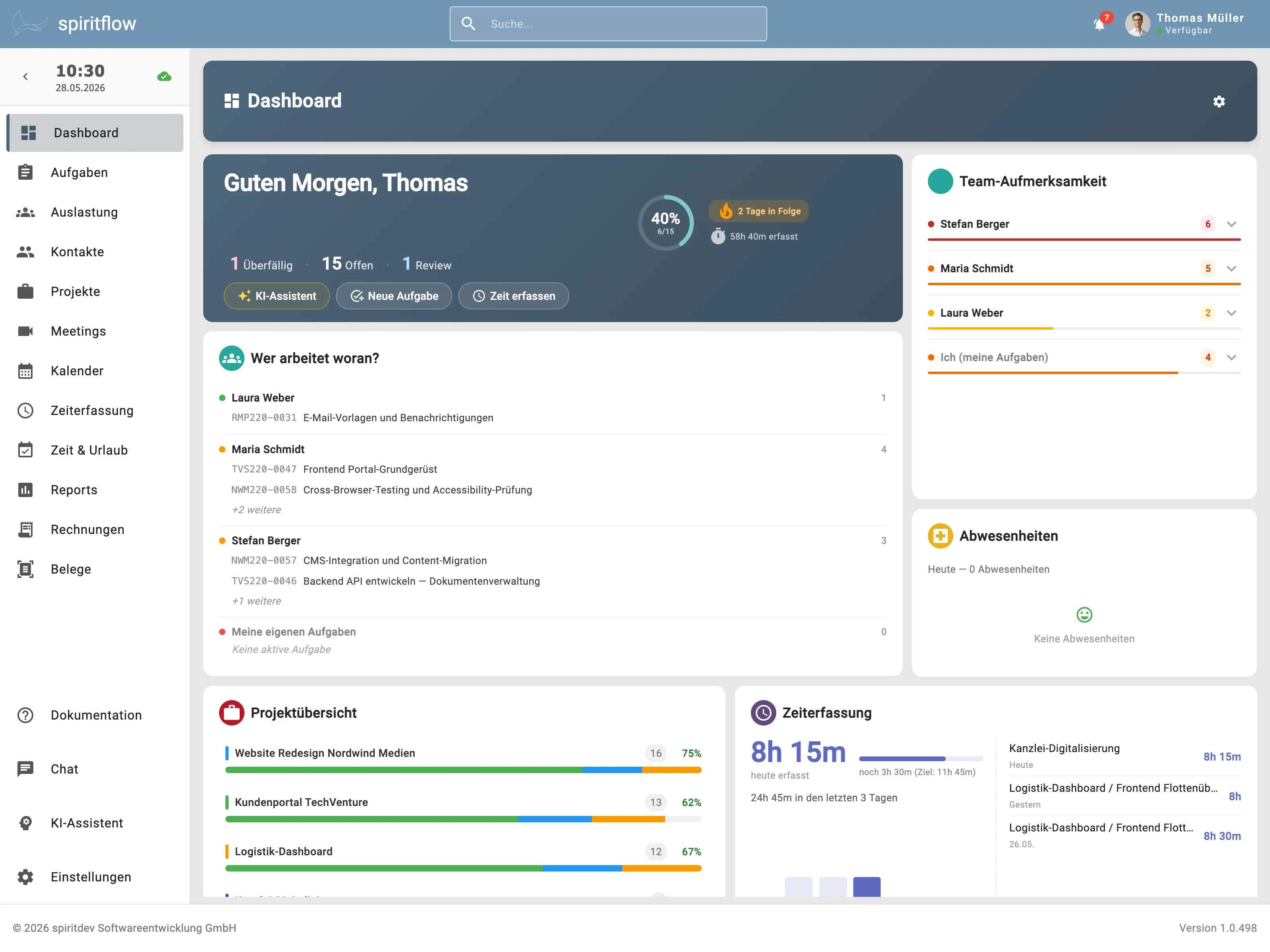 spiritflow Dashboard, konfigurierbare Widgets, Live-Daten und Teamübersicht