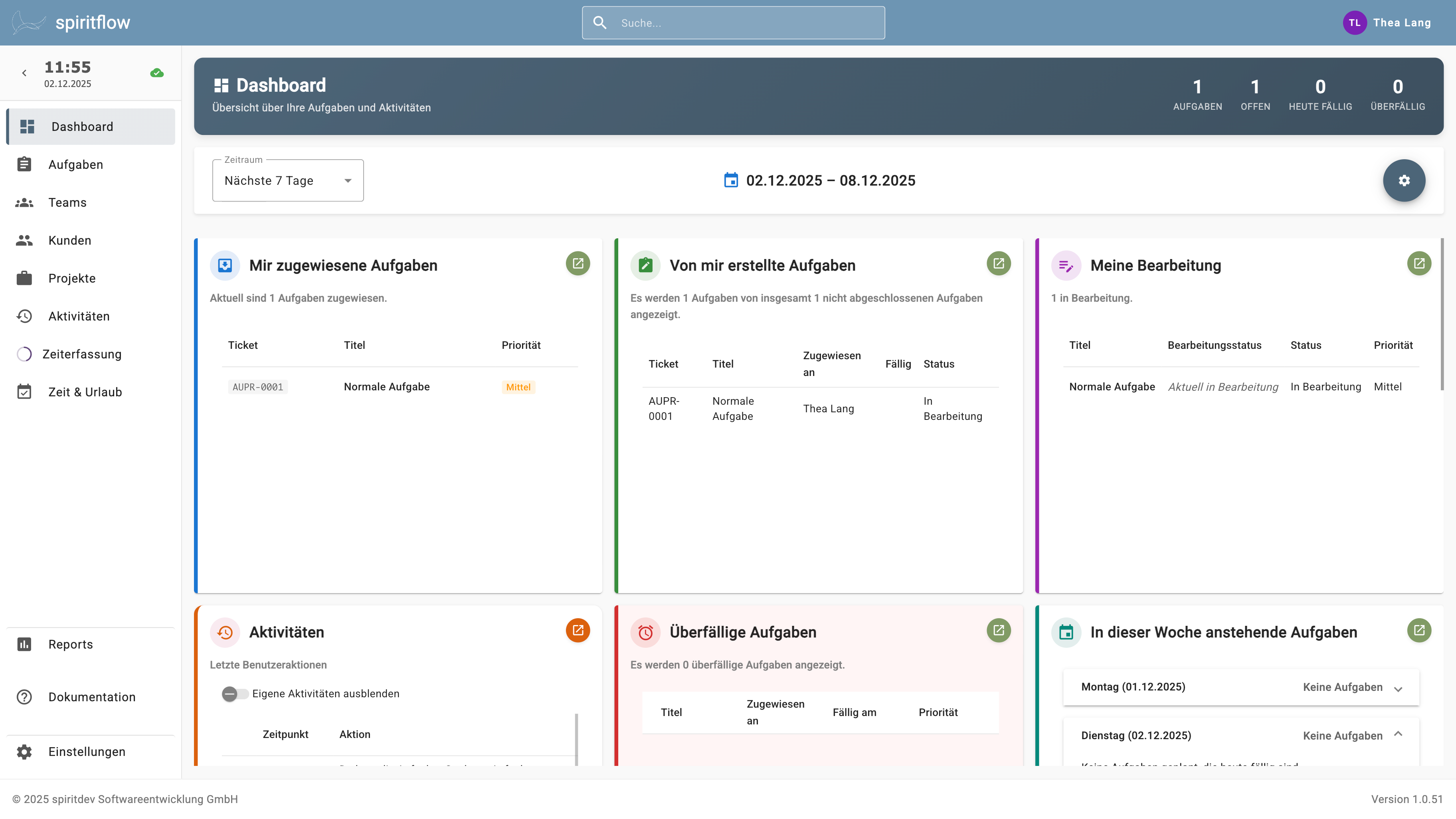 Das Dashboard zeigt Ihre Projekte, Aufgaben und deren Status an. Zum Bearbeiten eines Eintrags machen Sie einen Doppelklick auf die betreffende Zeile, der betreffende Dialog wird geöffnet.