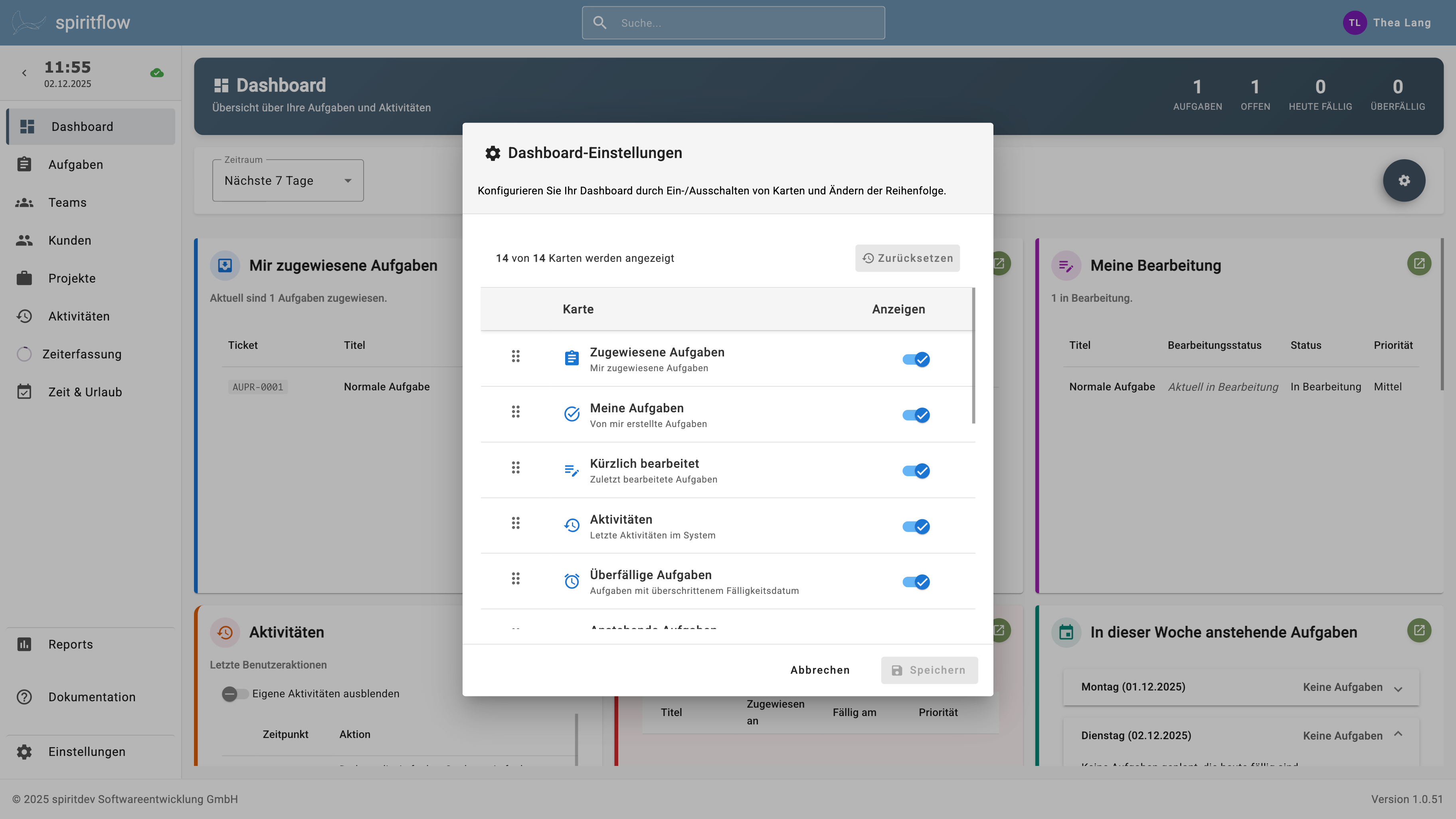 Das Dashboard zeigt Ihre Projekte, Aufgaben und deren Status an. Zum Bearbeiten der Anzeige klicken Sie auf das blaugraue Zahnrad-Symbol rechts über der Kartenansicht, der Einstellungs-Dialog wird geöffnet.