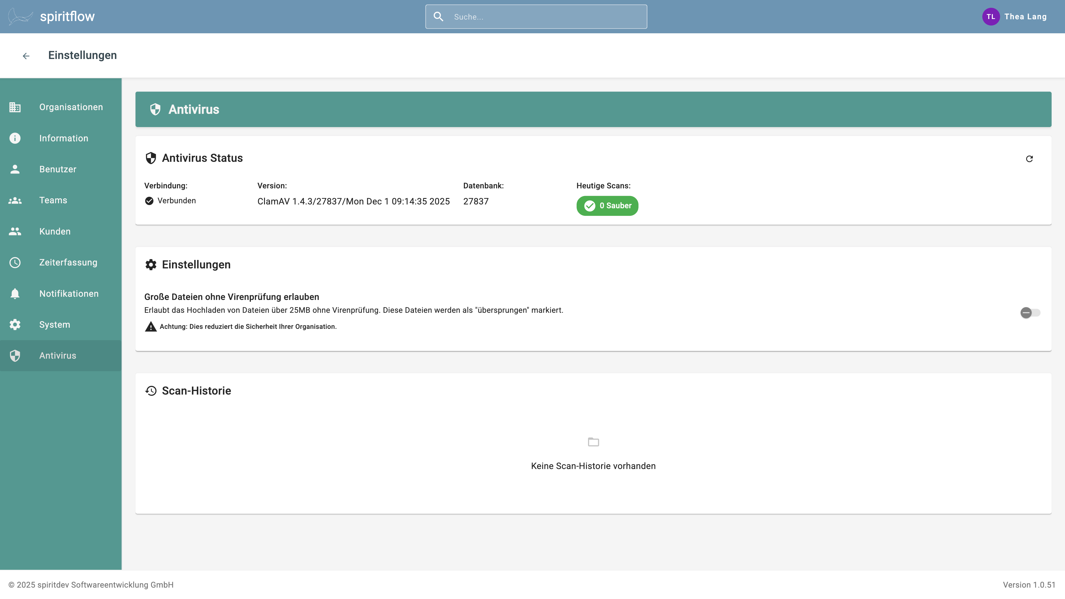 In der Antivirus-Ansicht der Einstellungen Finden Sie die Ergebnisse der Malware/Virusscans für Anhänge in spiritflow.