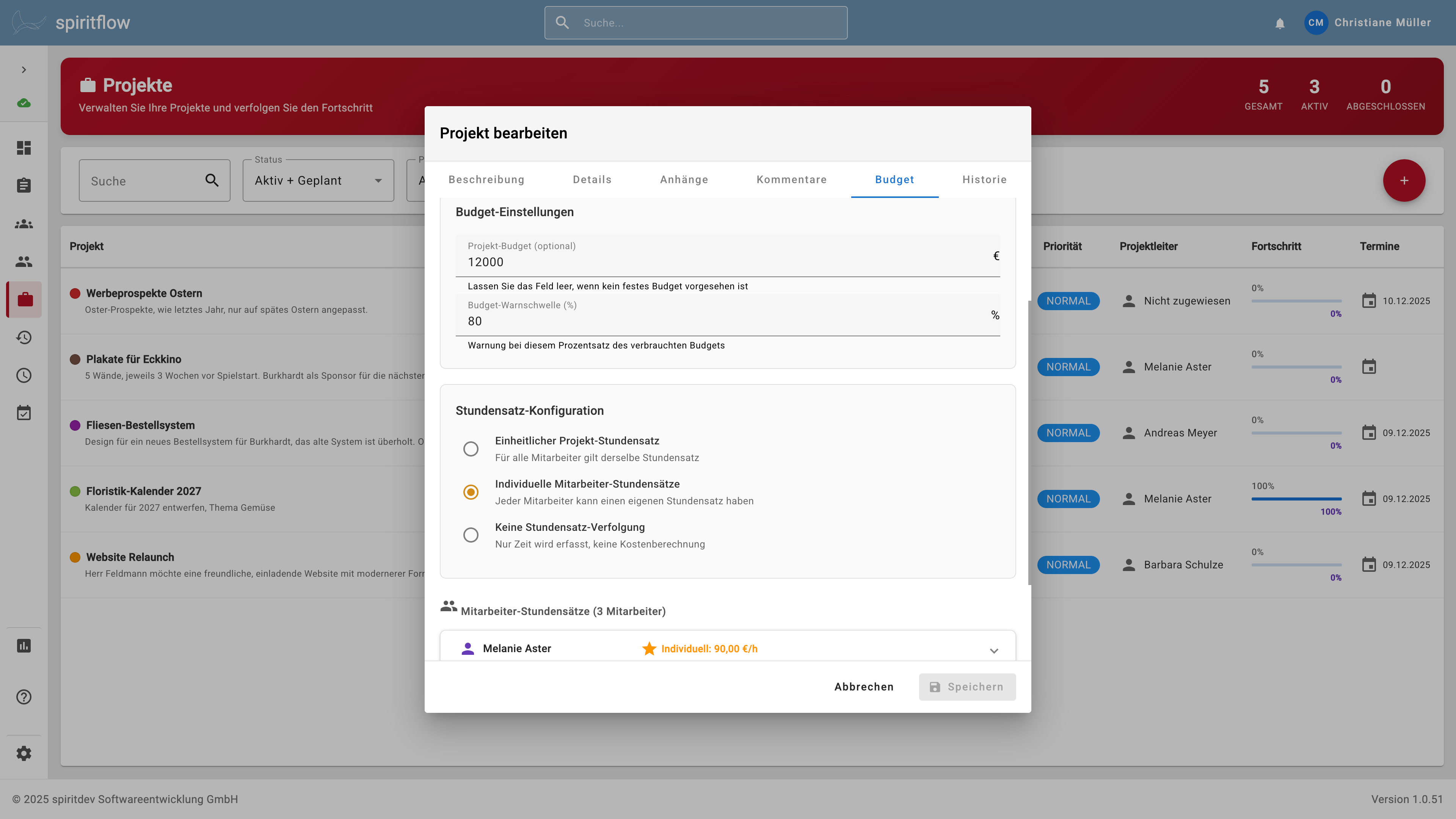 Im Projekt bearbeiten Dialog können Sie Ihrem Projekt ein Budget geben und die Abrechnungsart einstellen.
