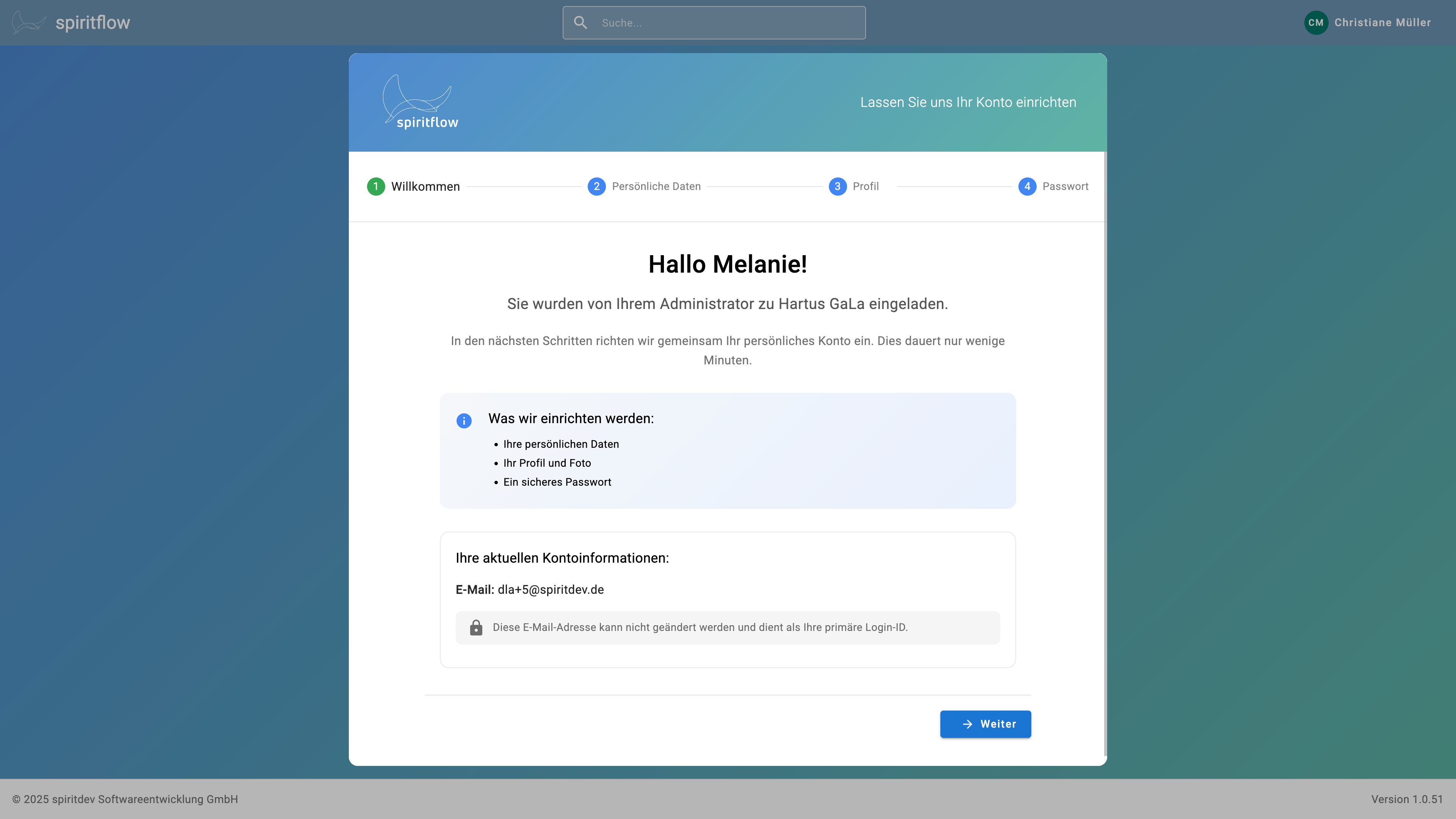 Der Onboarding-Dialog unterstützt Sie beim Anlegen eines neuen Accounts als Mitarbeiter.