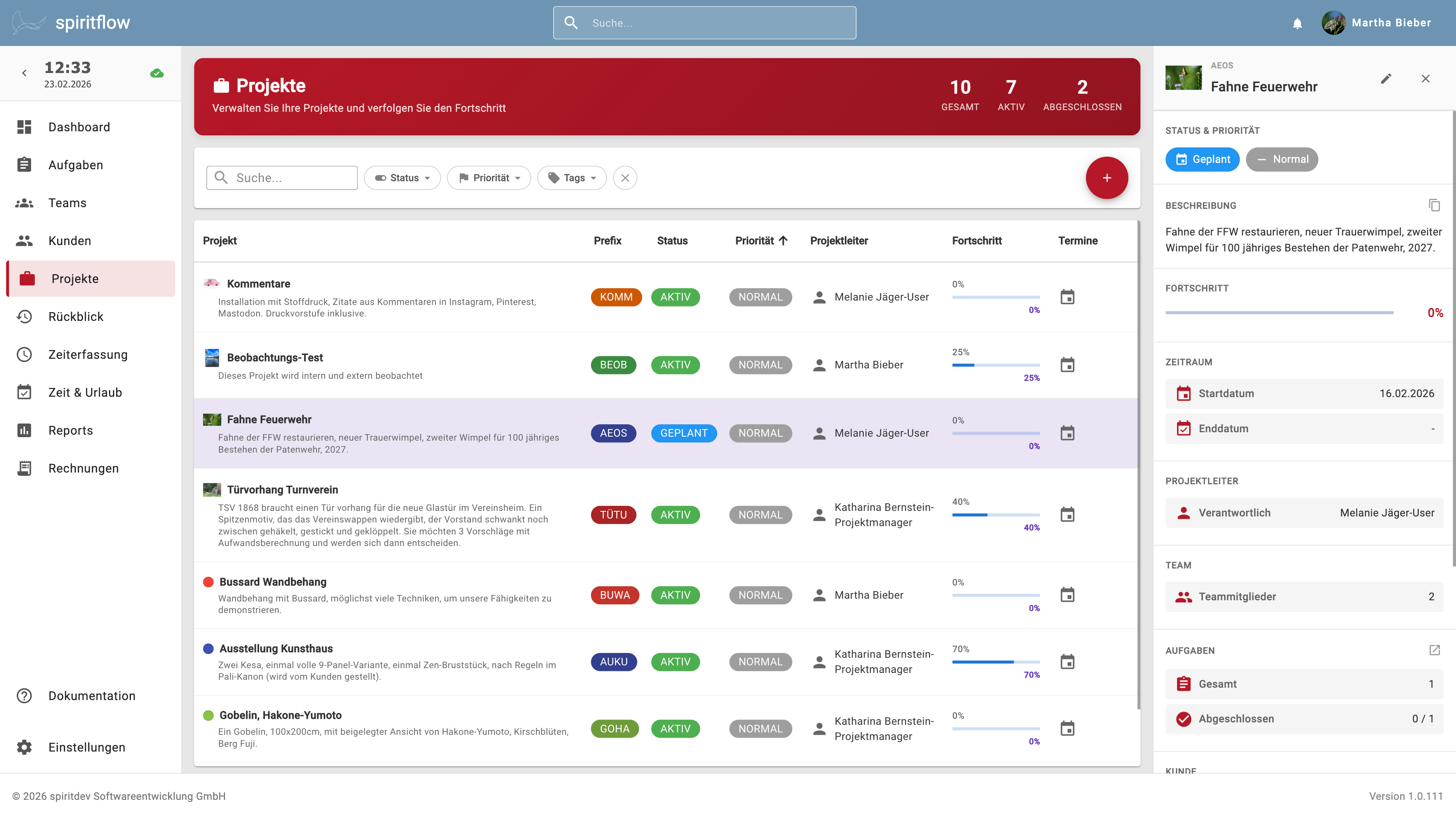 Die Projektverwaltung zeigt Ihre Projekte und deren Status an. Zum Bearbeiten der grindlegenden Daten eines Projekts machen Sie einen Doppelklick auf die betreffende Zeile.