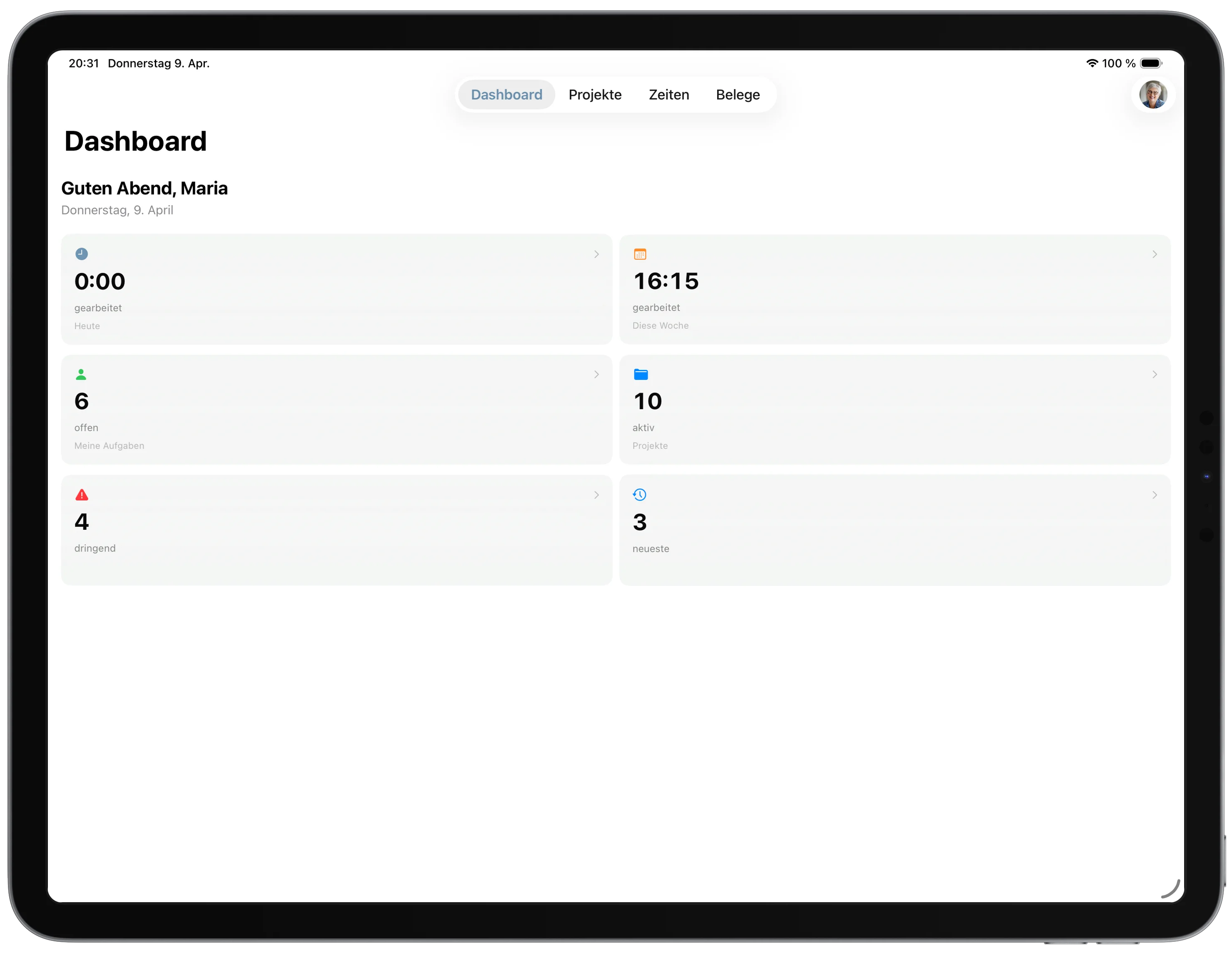 spiritflow iPad, Dashboard