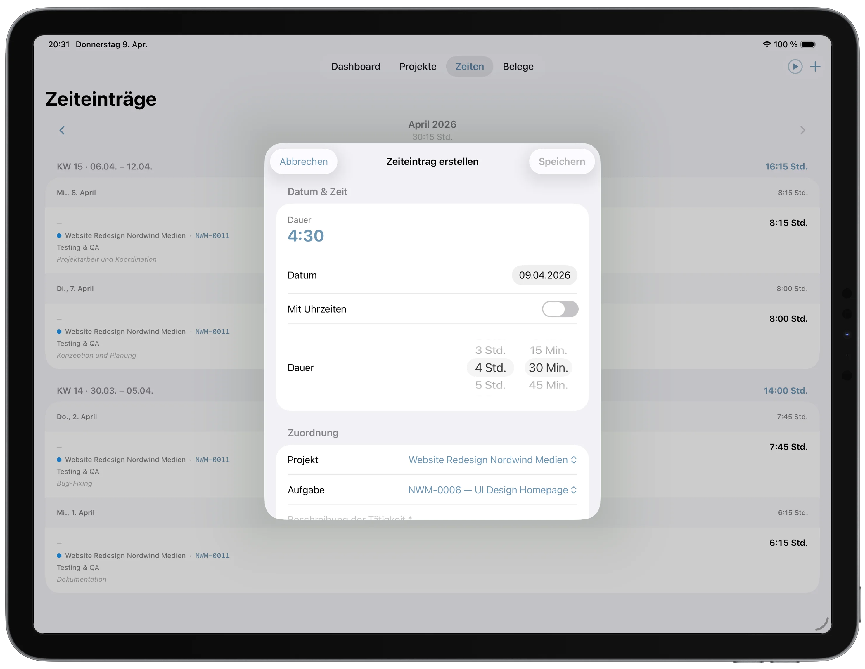 spiritflow iPad, Zeiteintrag erstellen