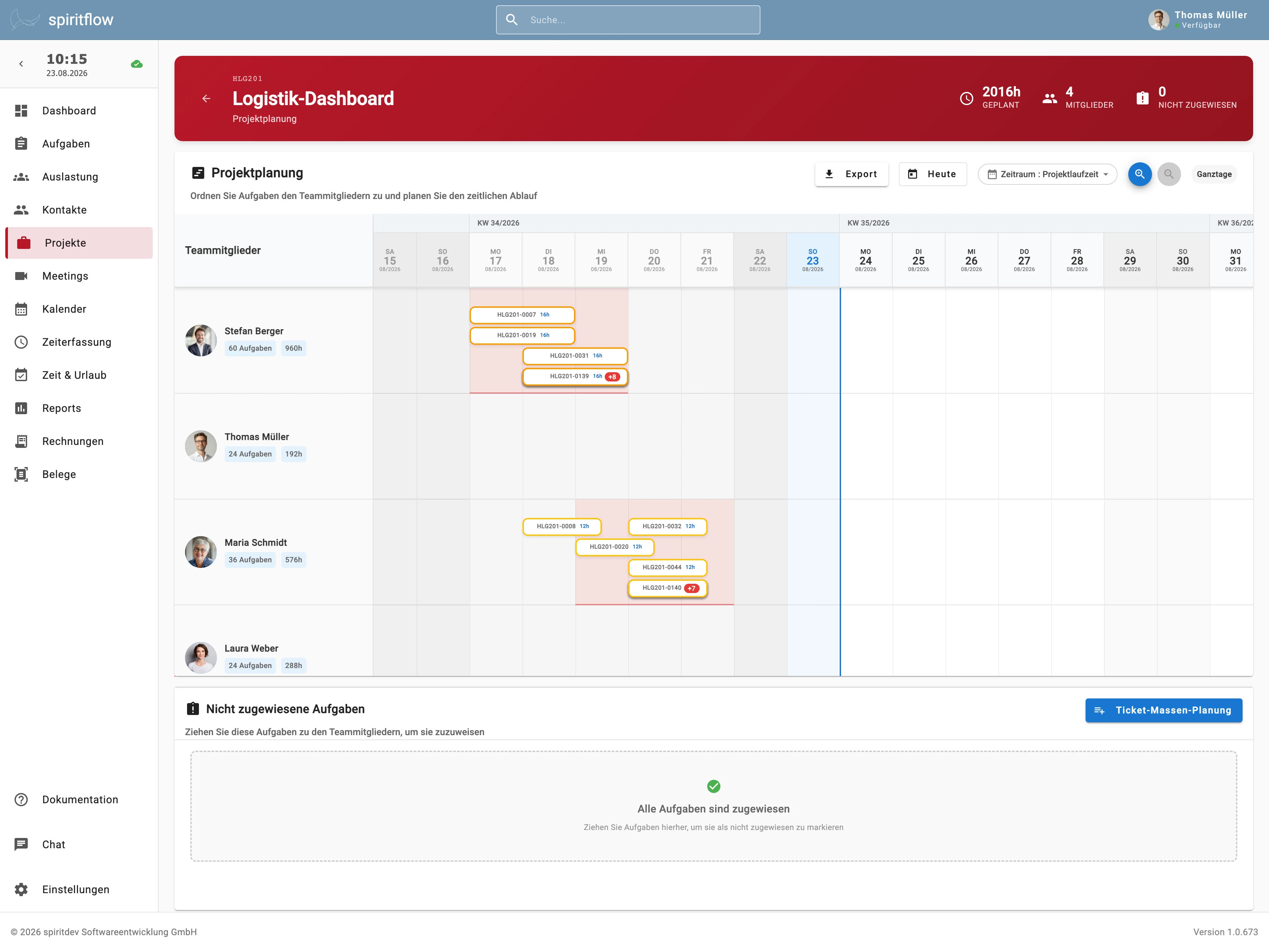 spiritflow Planungsansicht, Aufgaben im Kalender zuweisen
