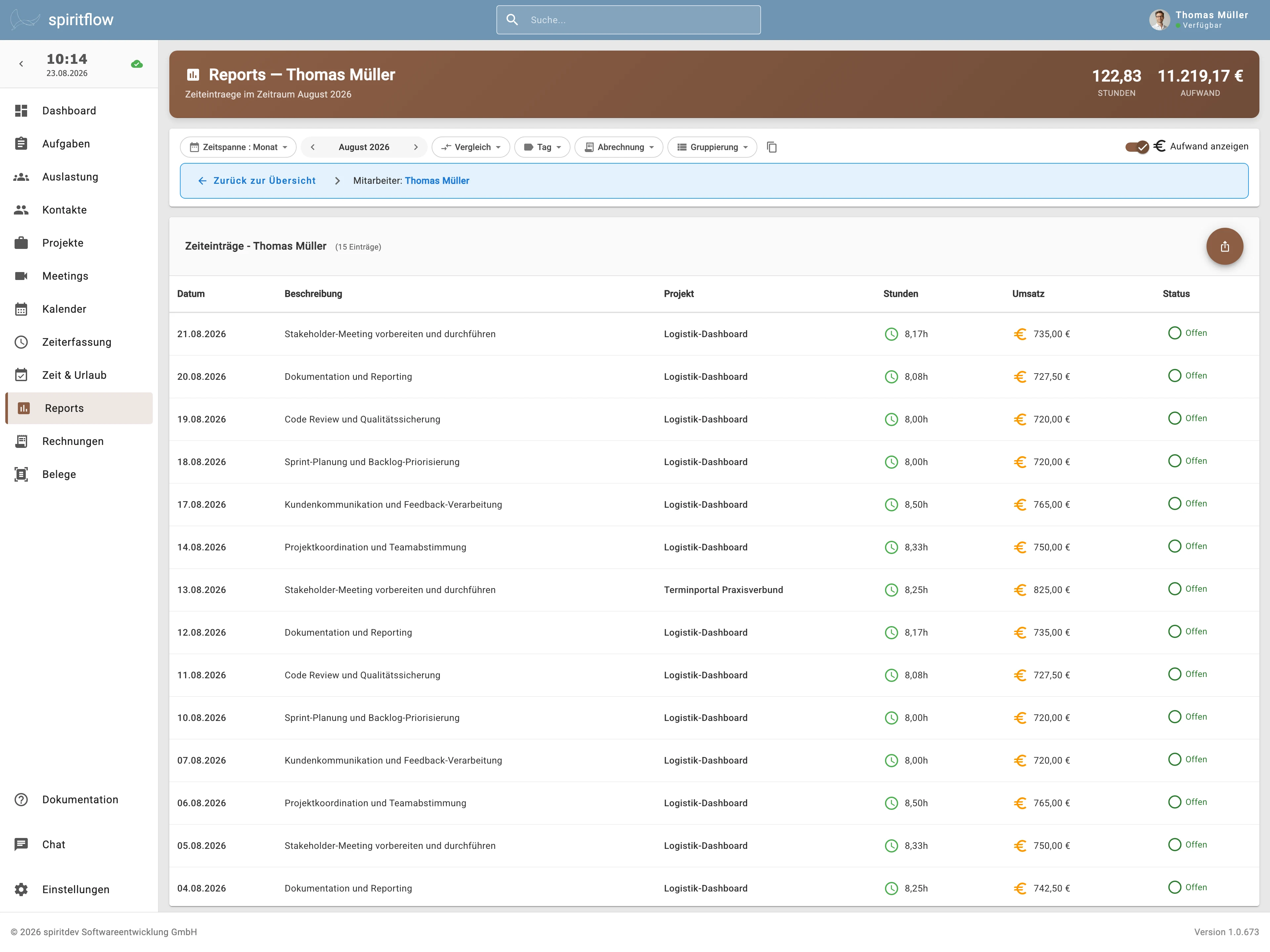 spiritflow Reports , Projektauswertung mit Stunden und Budget