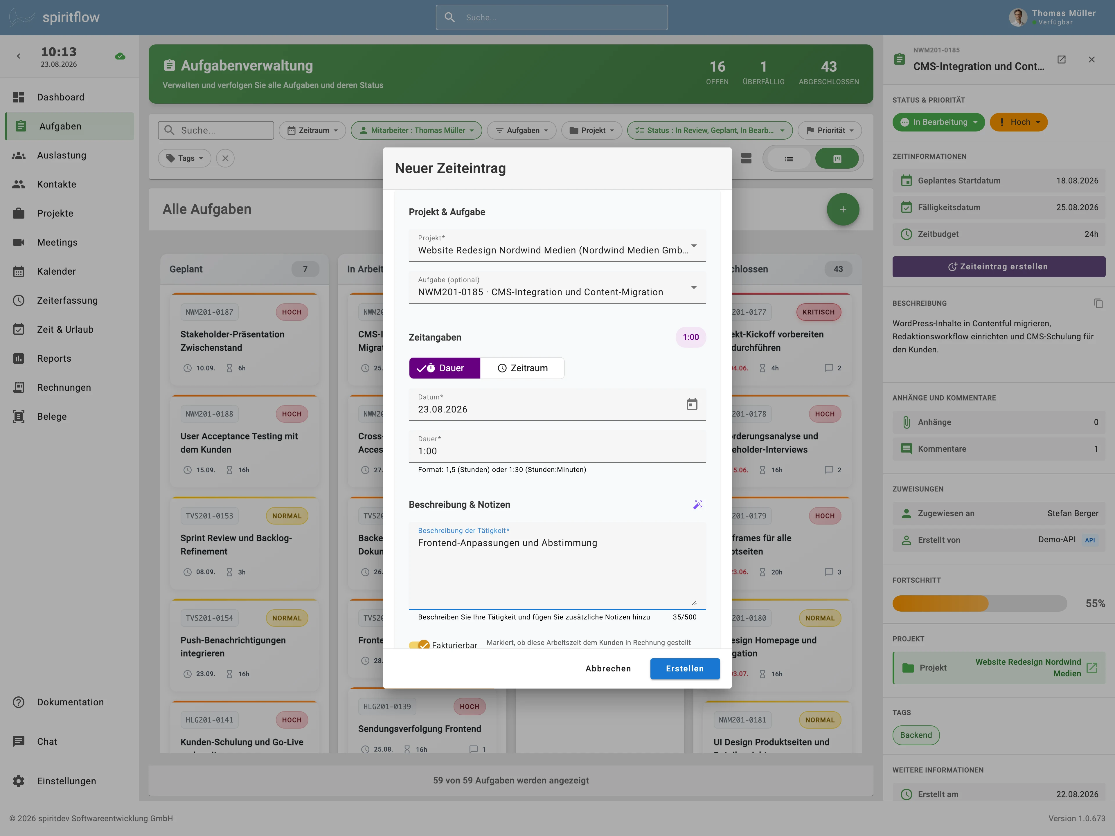 spiritflow Zeiterfassung , Zeiteintrag erfassen