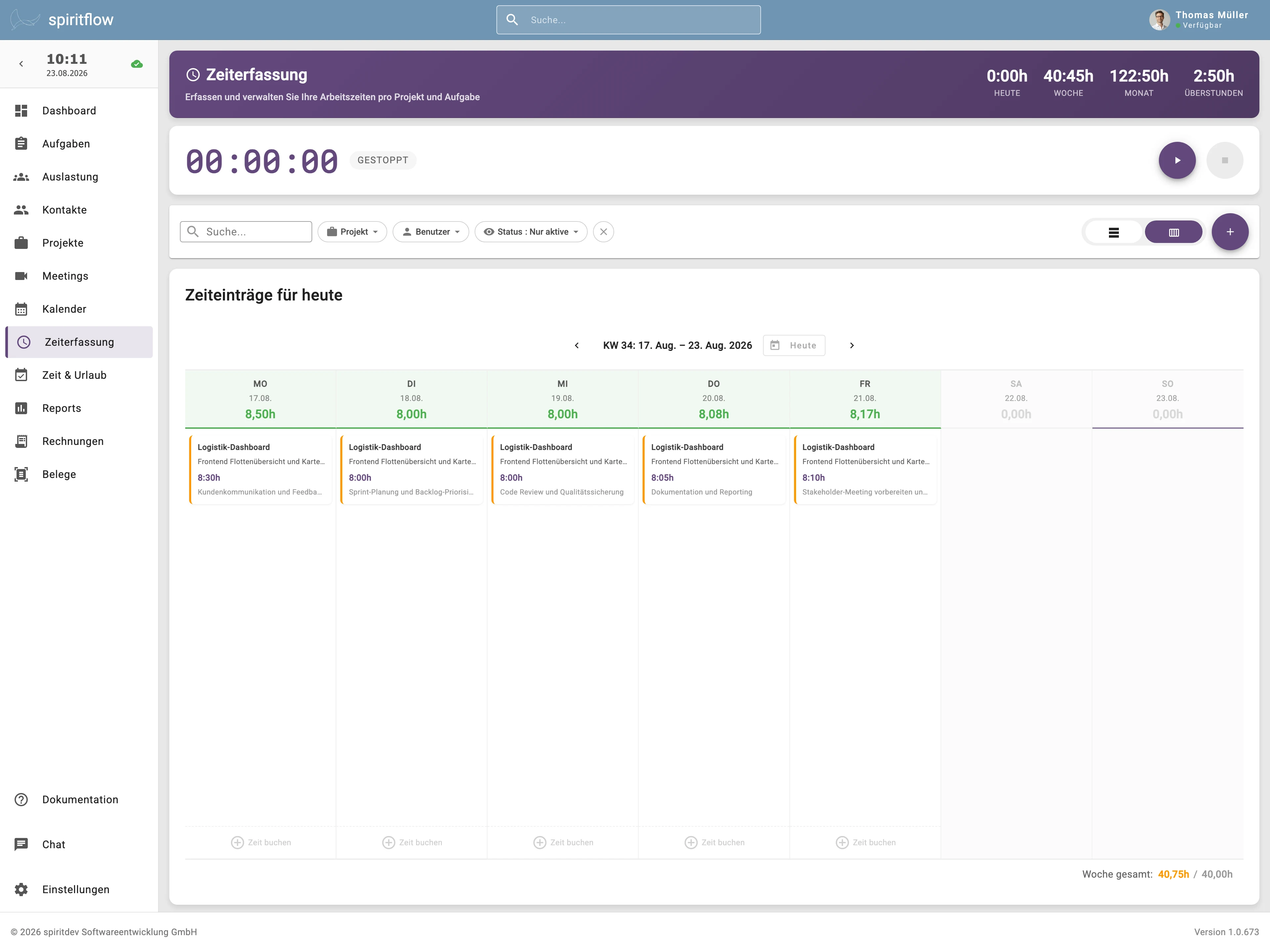 spiritflow Zeiterfassung , Timer und Wochenansicht
